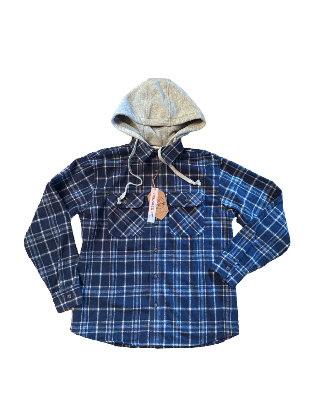Free Planet Navy and Light Gray Plaid Flannel Hooded Shirt Men’s Small
